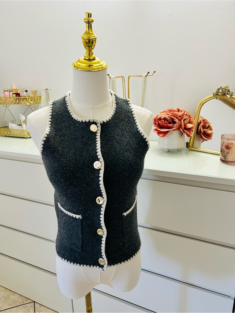 Song of Style Dark Gray Knit Button Front Vest with White Trim